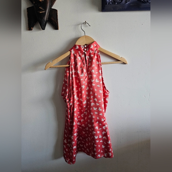 Rose pink white butterfly printed palette tip tie bow sleeveless shirt women's S - Picture 4 of 7